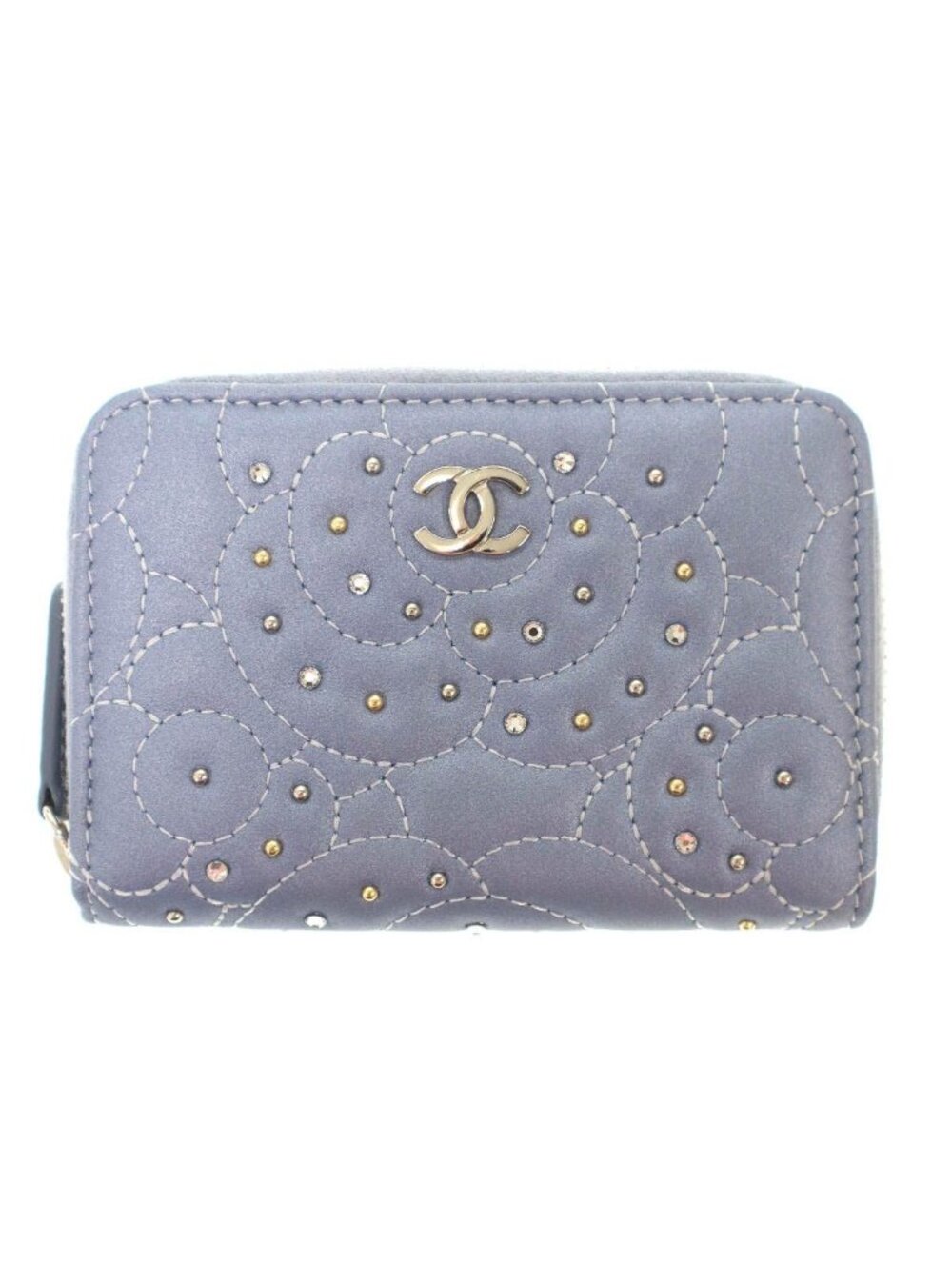 Chanel Camellia Stone Coin Purse Compact Wallet Blue
